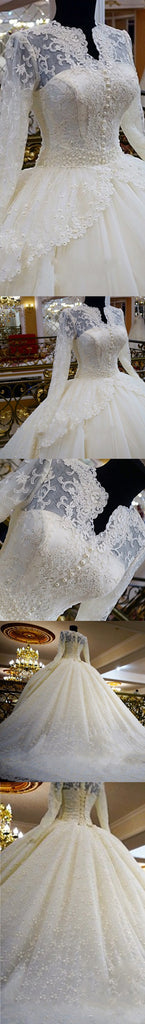 Vintage Unique Gorgeous Ball Gown Full Ivory Lace Beading Long Sleeve Elegant Lace Up Back Wedding Dress,DB088