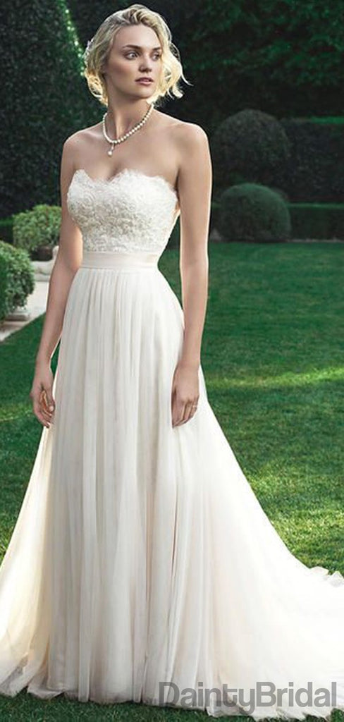 Elegant A-Line Sweetheart Tulle Open Back Long  Wedding Dresses With Train.DB10093