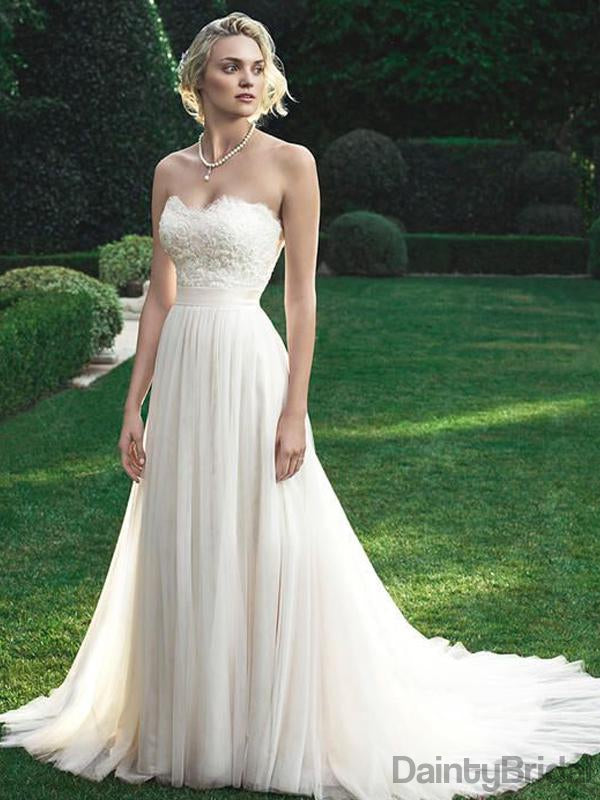 Elegant A-Line Sweetheart Tulle Open Back Long Wedding Dresses With Tr DaintyBridal Elegant A-Line Sweetheart Tulle Open Back Long Wedding Dresses With Tr DaintyBridal
