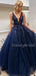 Charming V-neck A-line Tulle Lace Long Prom Dresses Evening Dresses.DB10610