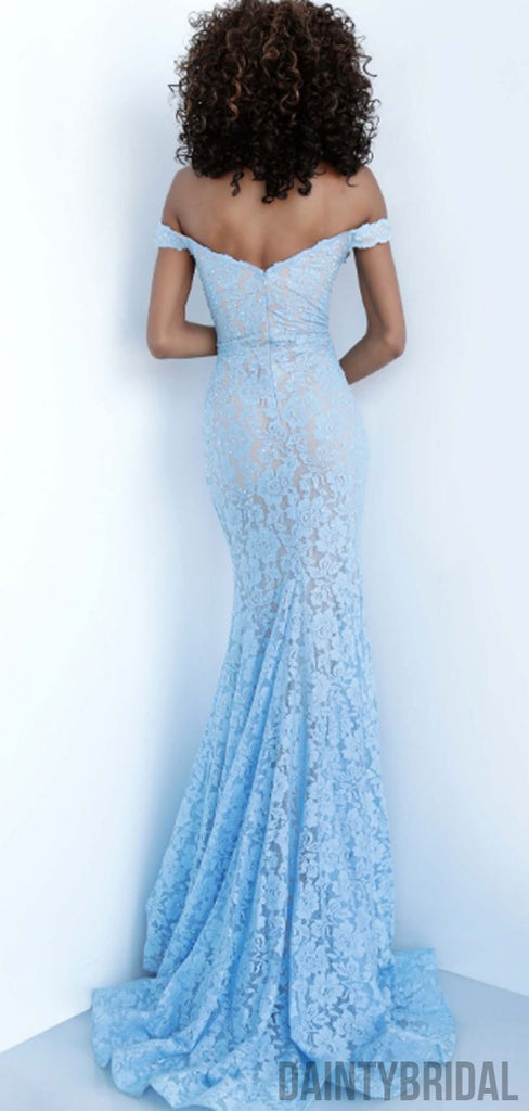 Sexy Off-shoulder Lace See-through Mermaid Long Prom Dresses.DB10106
