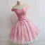 Lovely Pink  A-line Off-shoulder Sweetheart Lace Appliques Bow Sash Knee Length Homecoming Dress,BD0109