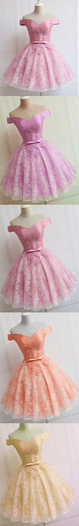 Lovely Pink  A-line Off-shoulder Sweetheart Lace Appliques Bow Sash Knee Length Homecoming Dress,BD0109