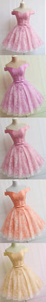 Lovely Pink  A-line Off-shoulder Sweetheart Lace Appliques Bow Sash Knee Length Homecoming Dress,BD0109