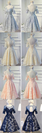 Vintage Half Sleeve Appliques Floral Prints Clairvoyant Outfit Lace Lace Up Back Tea-Length Homecoming Dress,BD0124