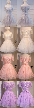 Short A-line Junior Cute Off Shoulder Full Lace Appliques Beads Sweetheart Lace Up Back Homecoming Dress,BD0125