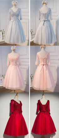 Light Grey Elegant Three-quarter Illusion Sleeve Appliques Beads V-neck  Lace Up Back  Tea-Length Homecoming Dress,BD0119