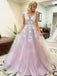 Charming V-neck A-line Tulle Lace Long Prom Dresses Evening Dresses.DB10610