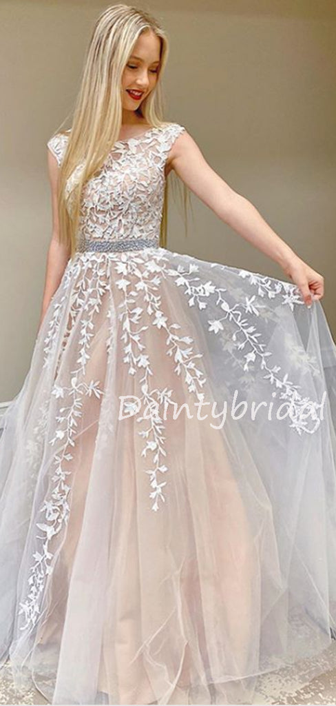 Charming Scoop Neck A-line Tulle Long Prom Dresses Evening Dresses.DB10608