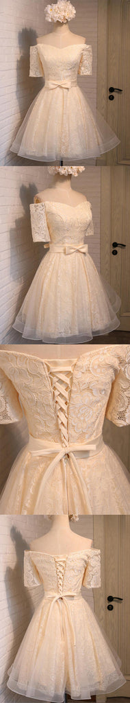 Junior Off Shoulder Half Sleeve Sweetheart Lace Up Back Organza Full Lace Knee Length Homecoming Dress,BD0139