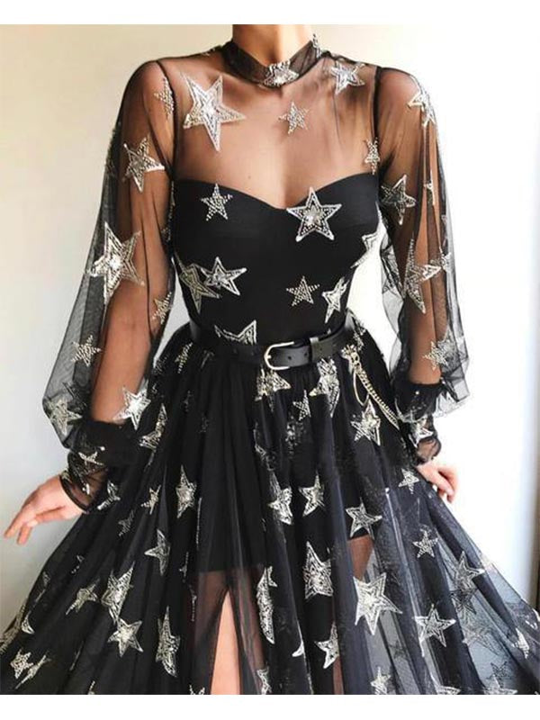 Black High Neck Split Long Prom Dress With Star Sparkly Long Sleeves, OL645