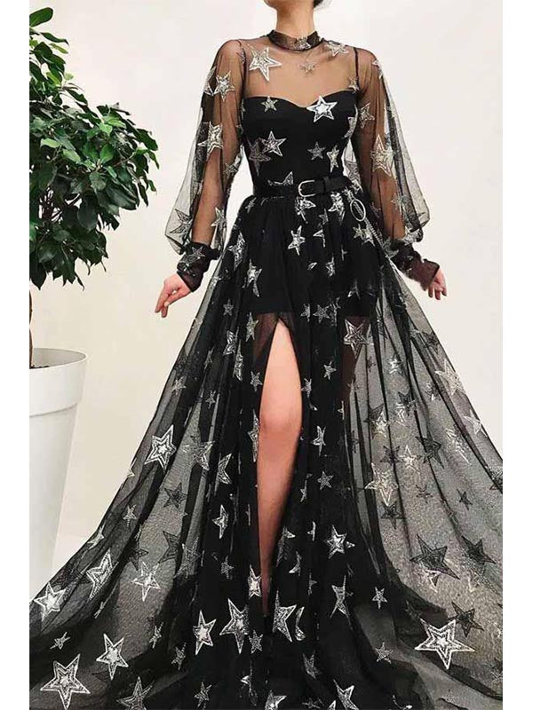 Black High Neck Split Long Prom Dress With Star Sparkly Long Sleeves, DaintyBridal Black High Neck Split Long Prom Dress With Star Sparkly Long Sleeves, DaintyBridal