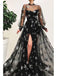 Black High Neck Split Long Prom Dress With Star Sparkly Long Sleeves, OL645