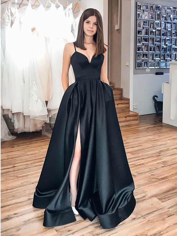Black Spaghetti Strap Simple Satin Long Prom Dress Evening Dress, OL642