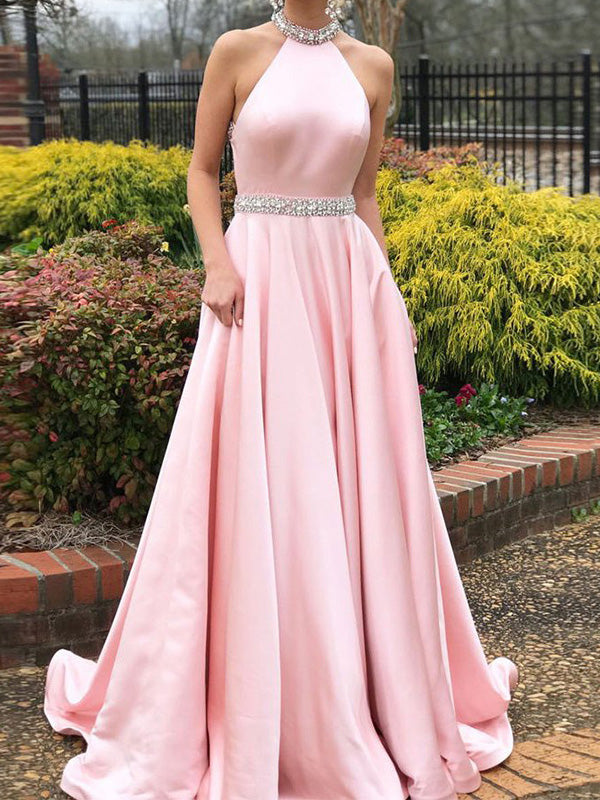 Blush Pink A-line Halter Sleeveless Long Prom Dress Evening Dress, OL7 DaintyBridal Blush Pink A-line Halter Sleeveless Long Prom Dress Evening Dress, OL7 DaintyBridal