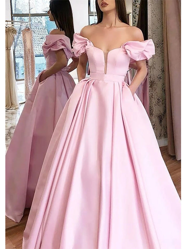Blush Pink Off the Shoulder A-line Satin Long Prom Dress Evening Dress, OL704