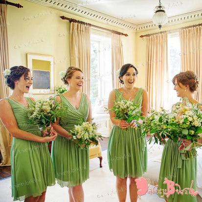 Lemon Green Chiffon Pleating V-neck V-back Sleeveless Pretty Short Cou DaintyBridal Lemon Green Chiffon Pleating V-neck V-back Sleeveless Pretty Short Cou DaintyBridal