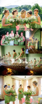 Lemon Green Chiffon Pleating V-neck V-back Sleeveless Pretty Short Country Bridesmaid Dresses,DB092