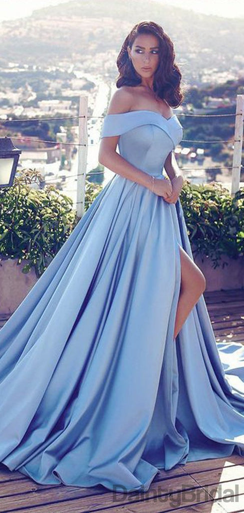 Elegant Off shoulder A-line Side Slit Satin Long Prom Dresses.DB10086
