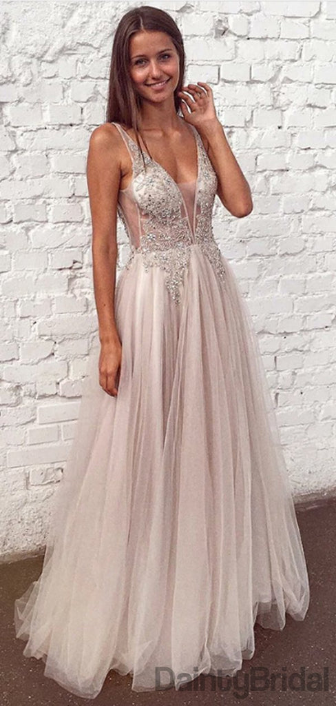 Charming V-Neck Tulle A-line Floor Length Prom Dresses.DB10088