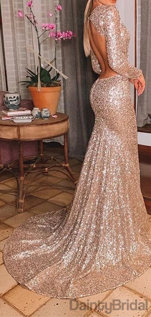 Sexy Deep V-Neck Sequin Open Back Mermaid Prom Dresses.DB10081