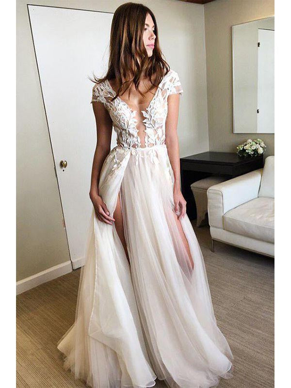 Copy of Cap Sleeve Deep V-neck Prom Dress With Appliques Sexy Split Wedding Dresses, OL651