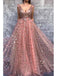 Chic A-line V-neck Prom Dresses Pink Long Prom Dress Evening Dresses, OL643