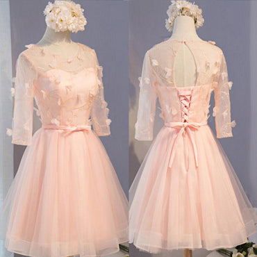 Three-quarter Illusion Sleeve  Clairvoyant Outfit Lace Up Back For Teen Organza Appliques Homecoming Dress,BD0128