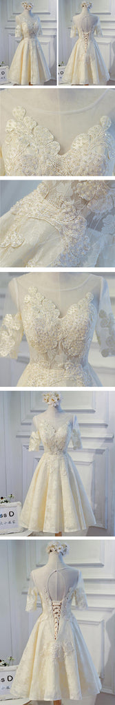 Vintage Half Sleeve Appliques Floral Prints Clairvoyant Outfit Lace Lace Up Back Tea-Length Homecoming Dress,BD0124