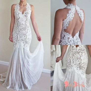 Vintage Gorgeous Lace Sleeveless Halter  Keyhole Back Mermaid Charming Wedding Dresses,DB0118