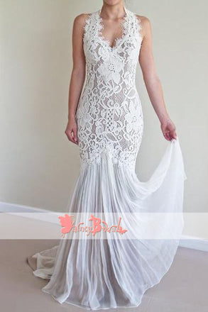 Vintage Gorgeous Lace Sleeveless Halter  Keyhole Back Mermaid Charming Wedding Dresses,DB0118