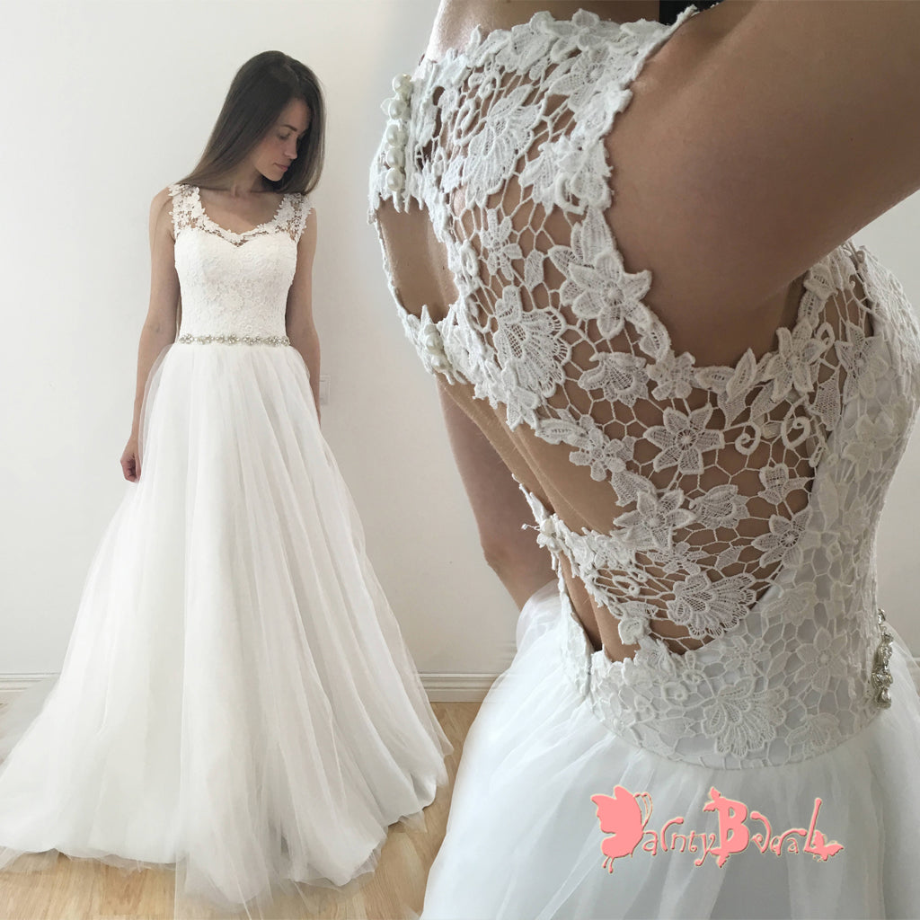 Simple Charming See-through Lace Unique Open Back A-line With Beaded Sash Wedding Dresses,DB0127