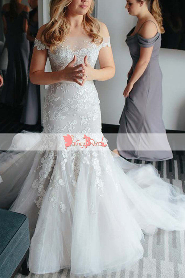 Popular Off The Shoulder Lace Appliques Stunning Mermaid With Train  Wedding Dresses,DB0119