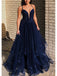 Dark Navy Deep V-neck Tulle Long Prom Dress Evening Dress, OL702