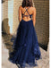Dark Navy Deep V-neck Tulle Long Prom Dress Evening Dress, OL702
