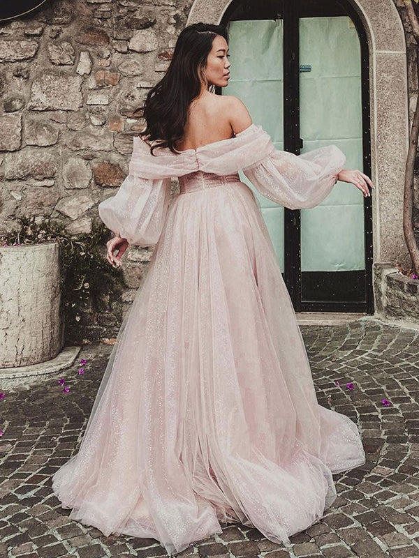 Charming Off the Shoulder Long Sleeves A-line Tulle Long Prom Dresses DaintyBridal Charming Off the Shoulder Long Sleeves A-line Tulle Long Prom Dresses DaintyBridal