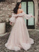Charming Off the Shoulder Long Sleeves A-line Tulle Long Prom Dresses Formal Dress with Side Slit, OL808