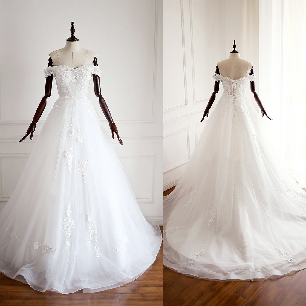 Long Elegant Off Shoulder Lace Appliques Beading Sparkly Pleating A-line  Wedding Dress,DB092