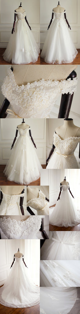 Long Elegant Off Shoulder Lace Appliques Beading Sparkly Pleating A-line  Wedding Dress,DB092