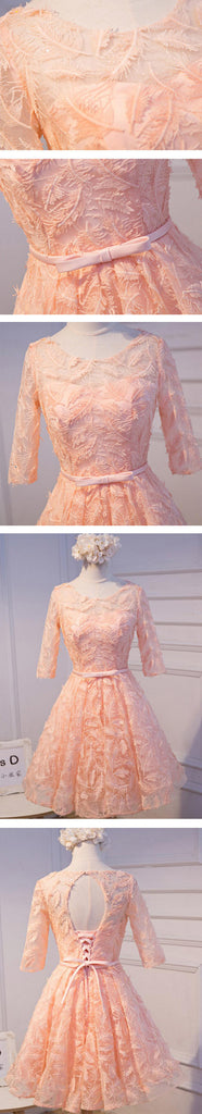 Unique Style Three-quarter Sleeve Full Feather Appliques Keyhole Lace Up Back Tea-Length Homecoming Dress,BD0121