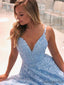 Elegant spaghetti strap v-neck lace tulle floor length prom dress.DB10010