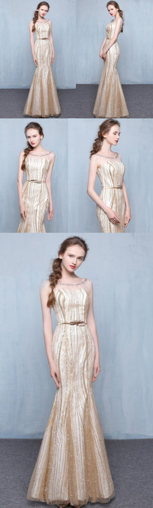 Newest Fashion Shining Sparkly Golden Sequins Elegant Mermaid Round Neck Long Prom Dresses. DB1027