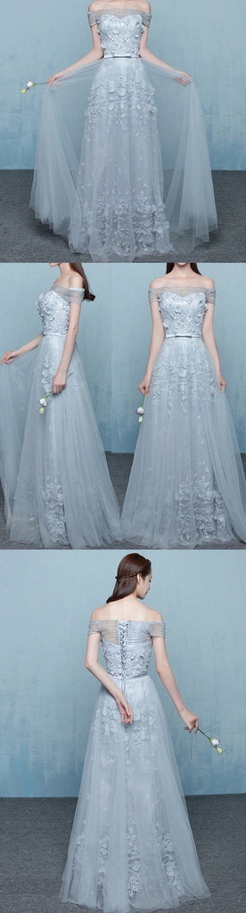 Elegant Grey Off Shoulder Beading Lace Appliques Vintage Lace Up A-line Long Prom Dresses. DB1028