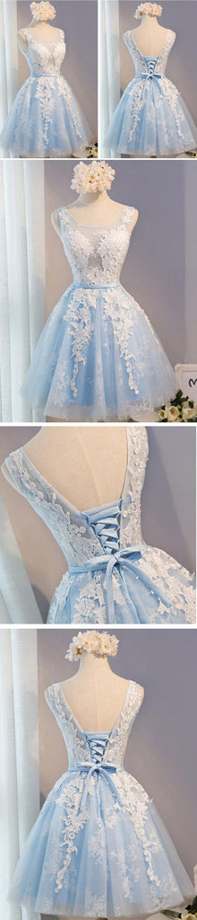 Short Blue Floral Prints Appliques Sleeveless Scoop Neckline Lace Up Back For Teen Lovely Homecoming Dress,BD0126