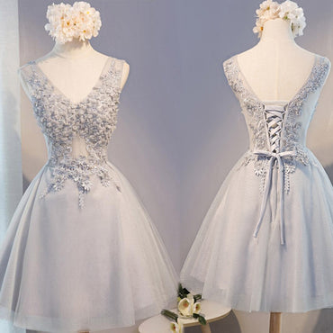 Junior Elegant Vintage Sleeveless V-neck Appliques Beads Lace Up Back For Teen Short Aline Homecoming Dress,BD0116