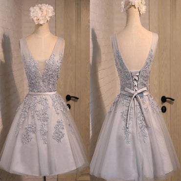 Sexy Short A-line Deep V Neck V-back Sleeveless Lace Up Back Organza Appliques Homecoming  Dress,BD0135