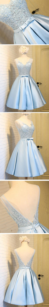 Elegant Sleeveless  Deep V Back  Appliques Clairvoyant Outfit Satin Skirt Tea Length Homecoming Dress,BD0137