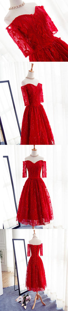 Red Three-quarter Sleeve Sweetheart Off Shoulder Tea-Length Lace Up Back Homecoming Dresses, CM0006