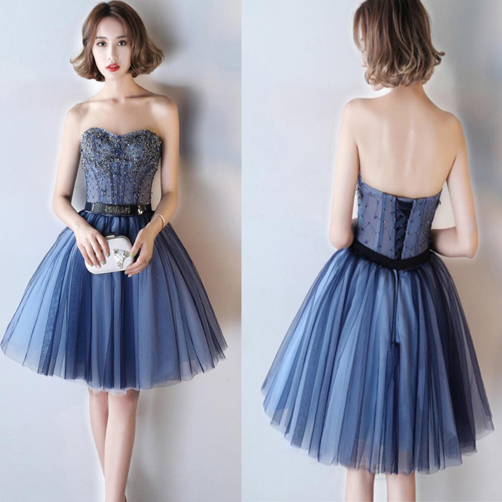 Lovely A-line Royal Blue Junior Strapless Sweetheart  Lace Up Back Beads Homecoming Dresses,wg154