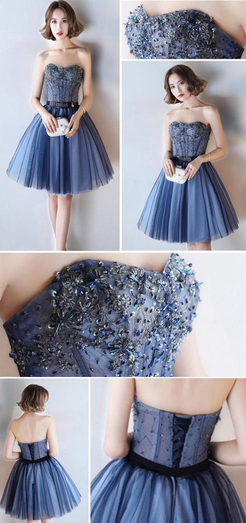 Lovely A-line Royal Blue Junior Strapless Sweetheart  Lace Up Back Beads Homecoming Dresses,wg154